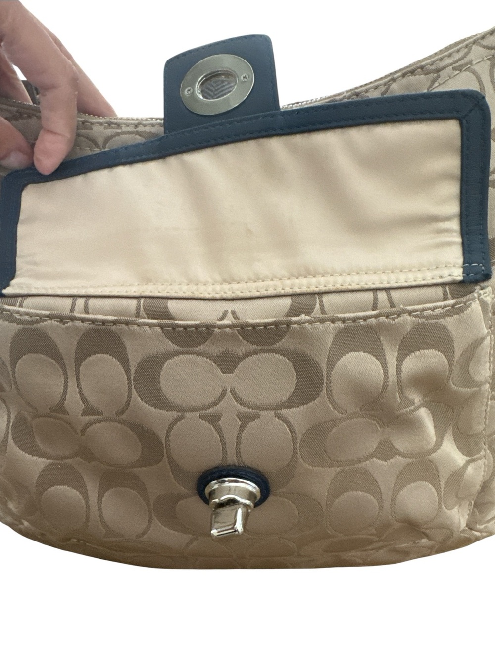 Coach F19232 Tan Signature Canvas Crossbody with Navy Trim - Picture 14 of 15